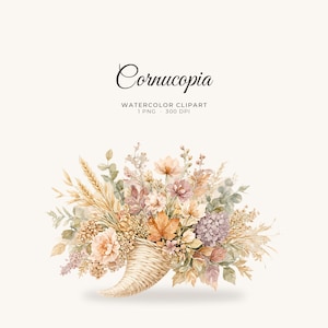 May include: A watercolor illustration of a woven cornucopia overflowing with autumn-toned flowers, wheat stalks, and foliage. The text above reads Cornucopia, Watercolor Clipart, 1 PNG, 300 DPI. The color palette includes muted oranges, browns, and greens.