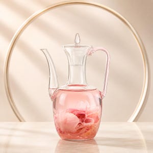 Puede incluir: Una jarra de cristal transparente con un pico largo y curvado y un asa a juego. El recipiente contiene un líquido rosa claro y varios pétalos de flores rosas sumergidos en su interior. Incluye una tapa de cristal con un remate puntiagudo.