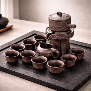 Puede incluir: Un juego de té de arcilla marrón oscuro que incluye una tetera cilíndrica con tapa, una jarra pequeña con asa en forma de dragón y nueve tazas de té pequeñas a juego. Las piezas presentan patrones en relieve y se colocan sobre una bandeja negra.