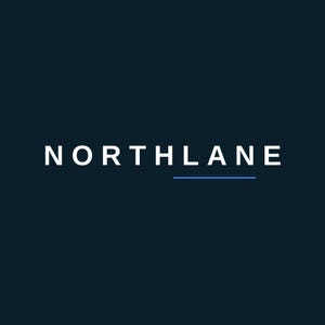 May include: A dark navy blue square graphic featuring the white text NORTHLANE in a clean sans-serif font. A thin, horizontal light blue line is positioned directly underneath the letters LANE, centered to align with the right side of the text.
