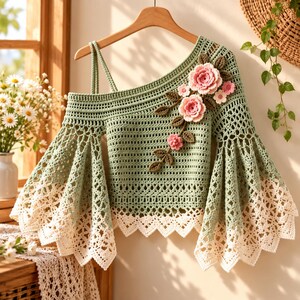 Puede incluir: Un top de ganchillo color verde salvia con escote asimétrico de hombros descubiertos, mangas acampanadas anchas con borde de encaje festoneado color crema y una enredadera decorativa de flores tejidas en 3D rosas y blancas.