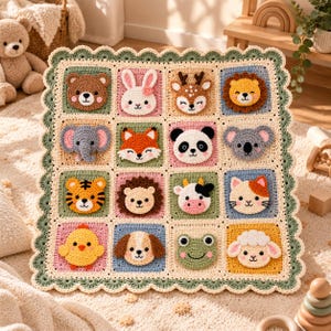 May include: A square crochet baby blanket featuring a grid of sixteen colorful squares, each displaying a different stuffed animal face including a bear, rabbit, deer, lion, elephant, fox, panda, koala, tiger, hedgehog, cow, cat, chick, dog, frog, and sheep.
