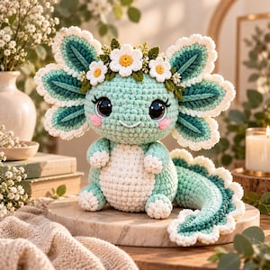 May include: A crocheted axolotl plush toy in mint green and white, featuring large black eyes, pink cheeks, and a crown of white daisy flowers. The creature has prominent feathery gills in teal and white, a white belly, and a long, curved tail.