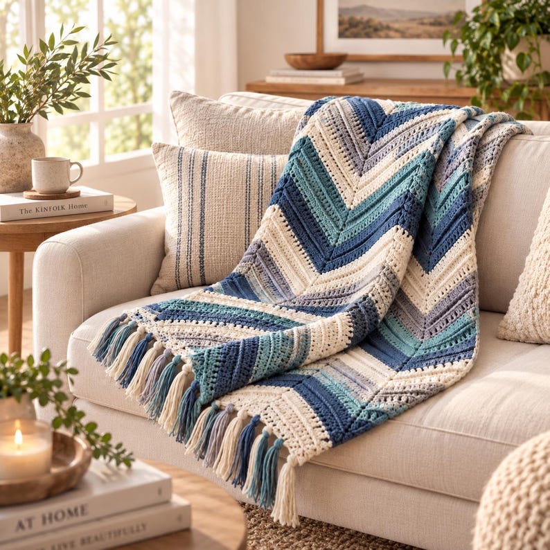 Chevron Crochet Blanket Pattern, Beginner Zig Zag Throw PDF, Modern