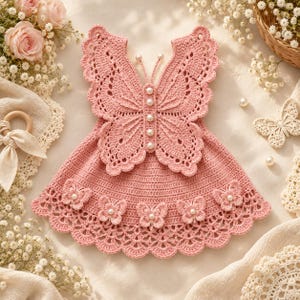 Puede incluir: Un vestido de ganchillo rosa empolvado con un gran motivo de mariposa en el corpiño, acentuado con cuentas de perlas blancas en el centro y aplicaciones de mariposas más pequeñas con perlas en el dobladillo festoneado, con dos antenas.