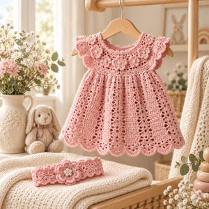 May include: A light pink crochet dress featuring a round neckline adorned with floral motifs and small white pearls. The dress has short ruffled sleeves and a flared skirt with a repeating openwork pattern. A matching crochet headband with a central flower.
