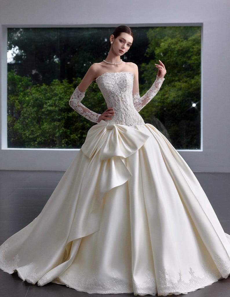 Strapless Lace Satin Ballgown Wedding Dress, Detachable Long Lace Strapless Lace Satin Ballgown Wedding Dress, Detachable Long Lace