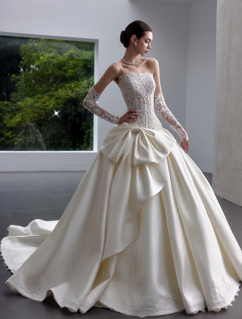 Strapless Lace Satin Ballgown Wedding Dress, Detachable Long Lace