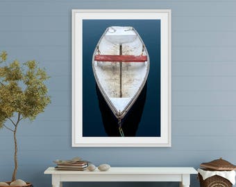Oversized Boat Print, Kennebunkport Maine Rowboat Photograph, Large Boat Art, Wooden Skiff Photo, Red White Navy Blue, Nautical Wall Decor
