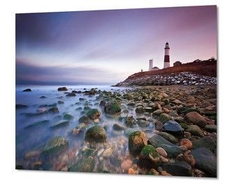 Metal Wall Art Beach Decor Metal Print Seascape Photography Montauk Lighthouse Blue Aqua Pink Purple Aluminum Print Living Room Bedroom