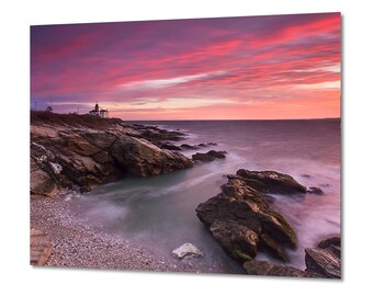 Metal Print, Beavertail Lighthouse Seascape Photography, Metal Wall Art, Jamestown Rhode Island Coastal Photo, Red Purple Green Brown Decor