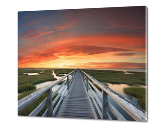 Acrylic Glass Print, Cape Cod Photography Bass Hole Beach Sunset Boardwalk Photo Marsh Picture Grey's Beach Large Art Coastal Decor Red Blue