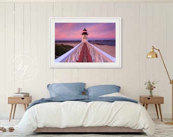 Framed Photograph, Nautical Beach Decor, Nantucket Artwork, Brant Point Lighthouse, Sunset Photo, Large Wall Art, Cape Cod, Pink Purple Blue