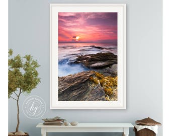 Seascape Art, Sunset Photography, Large Ocean Print, Blue Purple Pink Wall Art, Coast Rocks Photograph, Rhode Island Picture, Beavertail RI