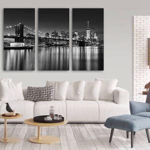 NYC Skyline Photography Print, Large Canvas Art, 3 Panel Triptych, Black White Brooklyn Bridge New York City Photograph, Cityscape Artwork