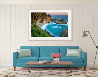 Framed Photography, California Wall Art, Large Art, Big Sur Sunset Picture, McWay Falls, Waterfall Photo, Beach Decor, Turquoise Aqua Teal