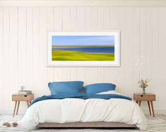 Large Abstract Art, Cape Cod Panorama, Coastal Wall Decor, Fort Hill Marsh Photograph, Abstract Seascape Photography, Lime Green Navy Blue