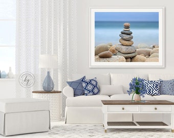 Zen Stones Art Print, Stone Cairn Beach Photo, Round Rocks Pile Photograph, Chilmark Martha's Vineyard, Peace Serenity Artwork, Blue Beige