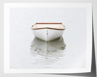 Horizontal White Rowboat Photo Print, Single Boat Photography, Nautical Wall Decor, Lone Rowboat Picture, Cape Cod Photograph, Dory Skiff