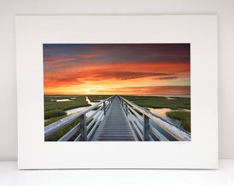 12x18 Print Matted to 18x24, Cape Cod Coastal Photography, Bass Hole Beach Boardwalk Photo, Yarmouth MA Picture, Matted Art Red Yellow