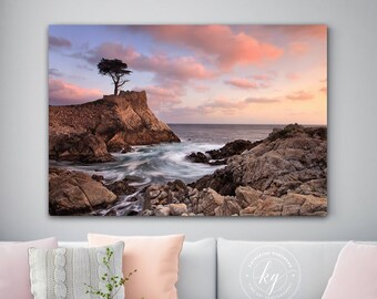 Metal Wall Art, Lone Cypress Tree Photo, Pebble Beach Sunset, California Photography, Big Sur Photo Metal Print Large Art Purple Blue Orange