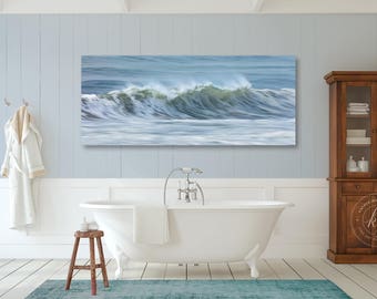 Coastal Metal Wall Decor, Nantucket Abstract Ocean Waves Photography, Panoramic Beach Metal Print, Seascape Panorama Photo Blue Bathroom Art