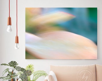 Large Abstract Floral Canvas, Peach and Teal Botanical Wall Print, Flower Garden Photography, Spring Bloom Artwork, Abstract Macro Photo