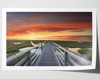 Extra Large Art, Beach Decor, Coastal Photography, Cape Cod Artwork, Huge Art, Oversized Print, Bass Hole Marsh Sunset Photo Red Blue Yellow