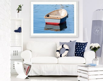 Framed Rowboat Print, Fishing Tender Boat Photography, Wooden Skiff Photo, Framed Nautical Art, Seaside Coastal Artwork, Red Grey Blue White