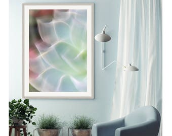 Succulent Plant Wall Print, Abstract Botanical Artwork, Spring Wall Decor, Blue Green Cactus Photography, Large Floral Wall Art Vertical Art