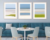 Beach Photo Set, Abstract Seascape Print Set, Three 3 Photographs Cape Cod Photography Nautical Wall Art Blue Beige Lime Green Coastal Decor