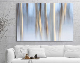 Birch Trees Art, Abstract Forest Print, Stretched Canvas Wall Art, Winter Landscape Photography, Minimalist Artwork, Snow Photo, White Blue