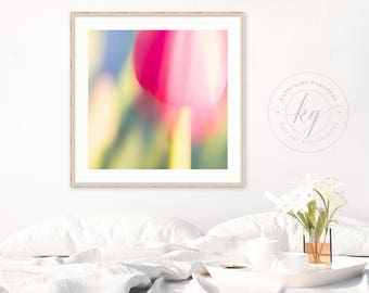 Abstract Floral Art, Spring Tulip Photography, Pink Green Yellow Flower Wall Art, Large Abstract Artwork, Rhode Island Picture, Square Print