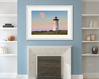 Framed Photo Print, Large Beach Photography, Nautical Coastal Decor, Edgartown Lighthouse Photo, Martha's Vineyard Art, Blue Purple Pink