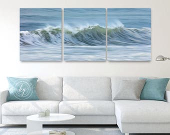 3 Panel Ocean Art, Wave Crash Canvas Triptych, Ocean Wave Photography, Abstract Beach Art, Nantucket Wall Decor, Blue Green, Home Decor Gift