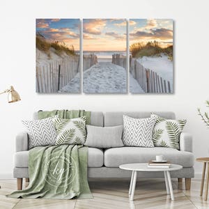 Large Beach Art 3 Three Panel Triptych Canvas Wall Art Beach Path Sunset Artwork Ocean Photography Newport RI Dunes Photo Beige Blue Orange image 2