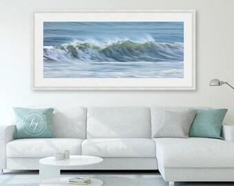 Coastal Framed Art, Ocean Wave Panorama, Panoramic Sea Photography, Nantucket Photo, Large Beach Wall Decor Framed Seascape Print Blue Green