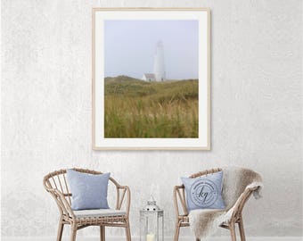 Lighthouse in Fog Photo, Nantucket Wall Art, Large Vertical Lighthouse Print, Great Point Lighthouse Dunes Photograph, Cape Cod Photography