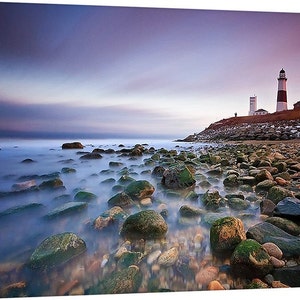 Montauk Lighthouse Seascape Photography, Large Canvas Wall Art, Long Island New York Coastal Beach Photo Print, Blue Purple Pink Brown White