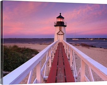 Canvas Wall Art Beach Decor Large Photography Lighthouse Photo Nantucket Picture Brant Point Sunset Pink Purple Large Wall Art Coastal Decor