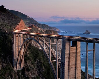 California Photography, Big Sur Photo, Bixby Bridge Picture, Large Art, Coastal Decor Pacific Ocean Artwork Oversized Print Blue Purple Pink