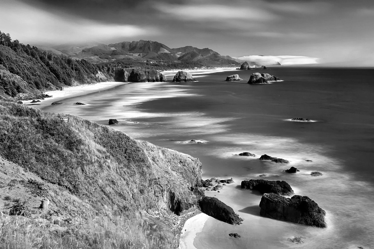 Black and white seascape photo print large wall art oregon photography pacific northwest coastal beach decor oversized artwork ocean sea