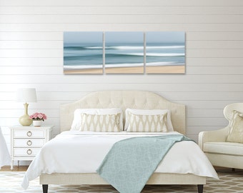 Large Canvas Three Panel Triptych Art, Abstract Ocean Beach Photography, Seafoam Green Wall Decor, Cape Cod Seascape Artwork Blue Teal Beige