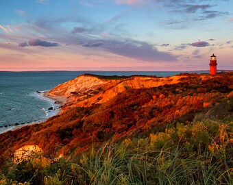 Martha's Vineyard Art, Gay Head Lighthouse, Photograph, Aquinnah Sunset, Beach Bluffs Cliffs, Photo Print, Large Wall Art Blue Teal Pink Red