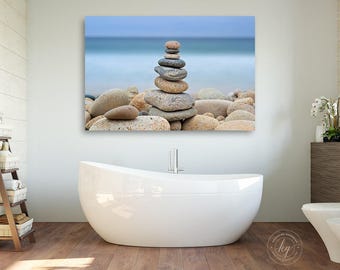 Beach Art, Metal Print, Peaceful Coastal Decor, Large Metal Wall Art, Beach Photography, Martha's Vineyard Rock Cairn, Blue Beige White Grey