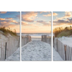 Large Beach Art 3 Three Panel Triptych Canvas Wall Art Beach Path Sunset Artwork Ocean Photography Newport RI Dunes Photo Beige Blue Orange image 1