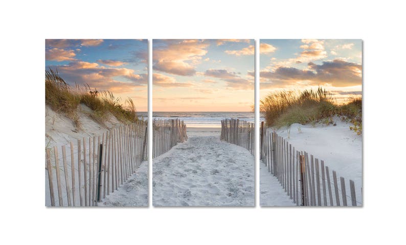 Large Beach Art 3 Three Panel Triptych Canvas Wall Art Beach Path Sunset Artwork Ocean Photography Newport RI Dunes Photo Beige Blue Orange image 1