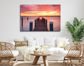 Sunset Pier Photo on Canvas, Healing Art, WFH Home Office Wall Art, Inspiring Ocean Scene Photograph, Large Format Canvas Print, Bristol RI