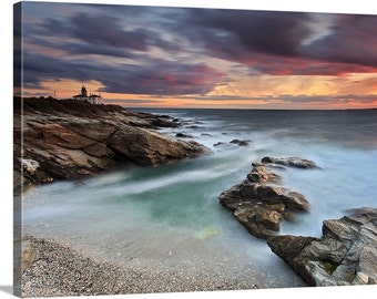 Large Canvas Wall Art, Lighthouse Photography, Beavertail Sunset, Rhode Island, Coastal Beach Decor, Oversized Print, Purple Teal Blue Red