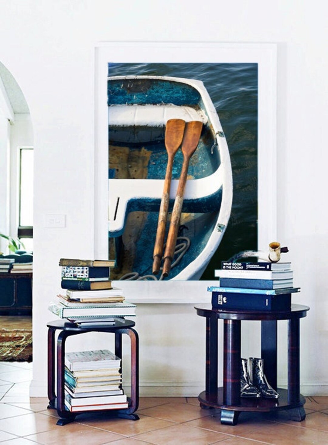 Nautical Wall Decor, Large Boat Photograph, Vertical Rowboat Oars Photo